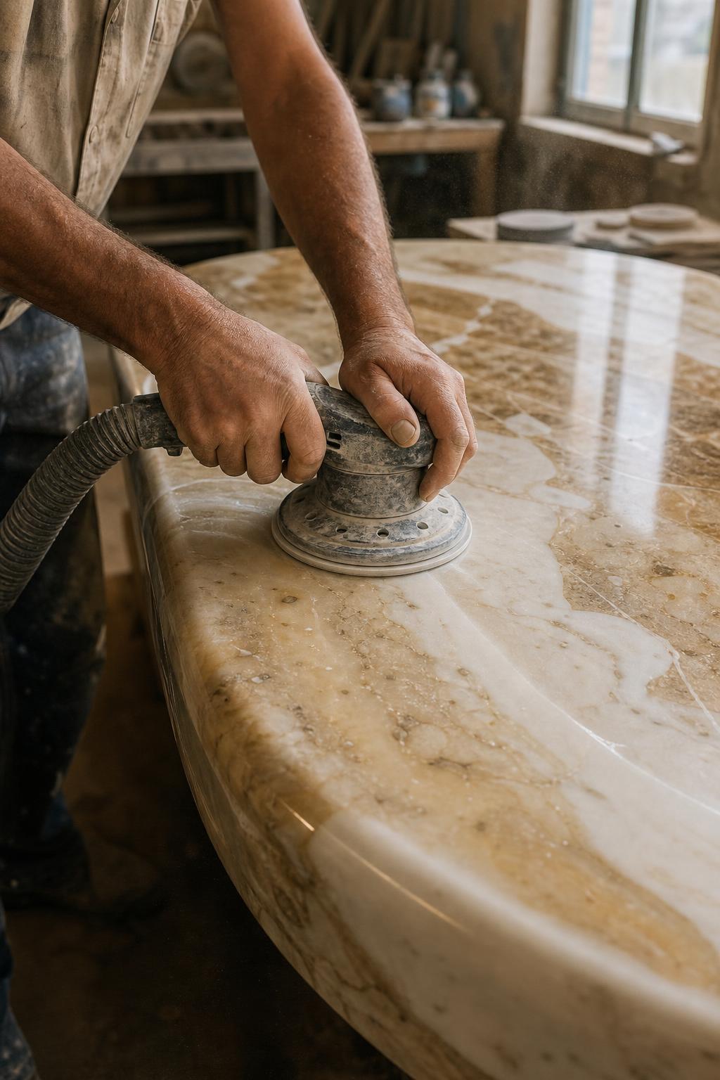 Vakman polijst een epoxy oppervlak in het atelier